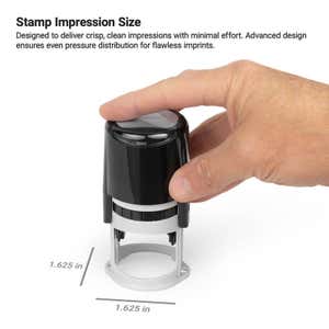Close-up of a round notary stamp body with labeled dimensions.
