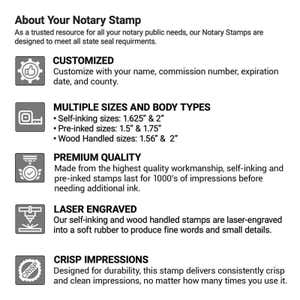 Infographic listing of custom notary stamps, including sizes, body types, and engraving quality.