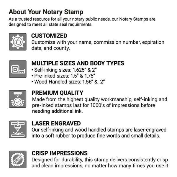 Notary stamp features: customization, multiple sizes, premium quality, and laser engraving.  