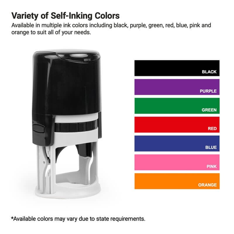 Self-inking notary stamp with color options including black, blue, red, green, purple, pink, and orange.