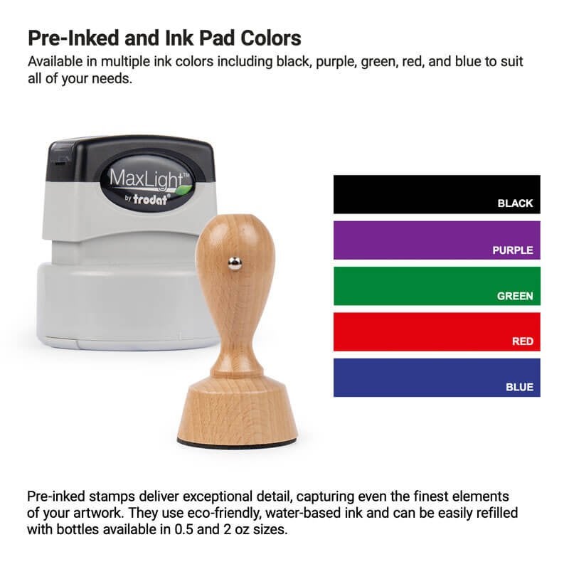 Pre-inked and wood-handled stamps with refillable ink in black, purple, green, red, and blue.  