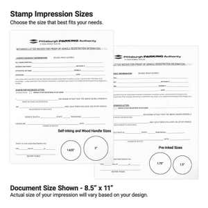 Notary impression size guide with sample round stamps on document forms.