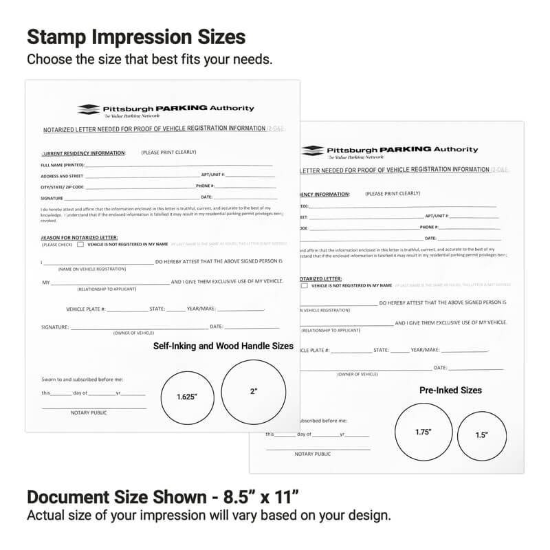 Comparison chart showing stamp impression sizes for self-inking, wood-handle, and pre-inked stamp options.