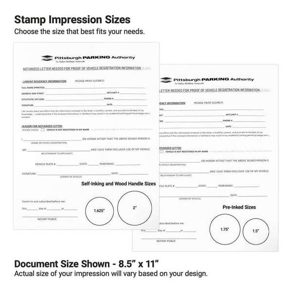 Notary stamp impression size chart with round seal samples shown on form templates.