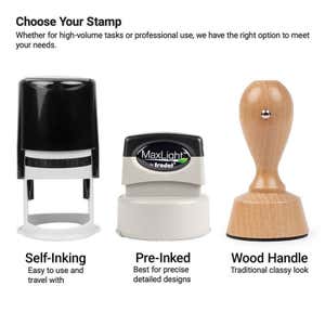 The three stamp types are self-inking, pre-inked, and wood-handled