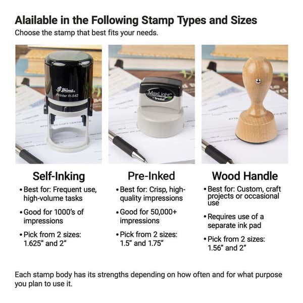 A self-inking, pre-inked, and wood handle stamp details
