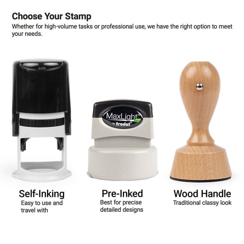 Comparison of self-inking, pre-inked, and wood-handle notary stamp types.