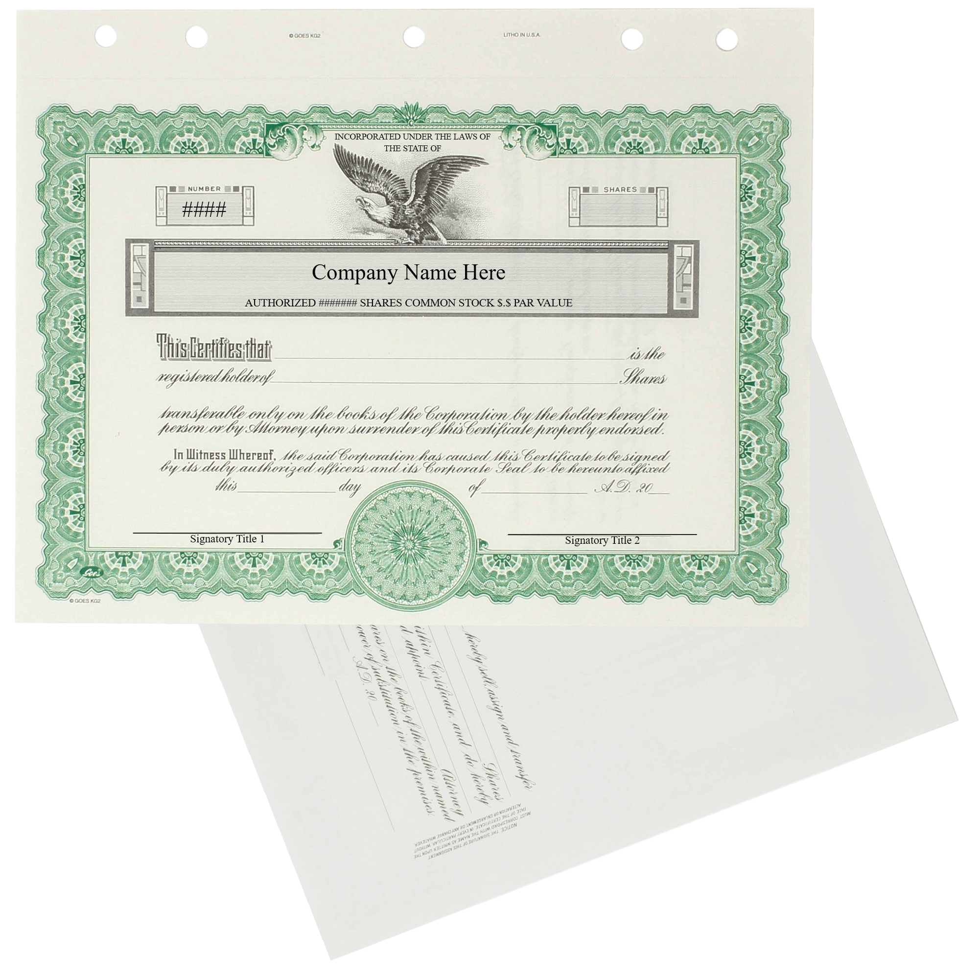 GOES KG2 Corporate Stock Certificates