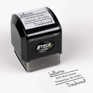 Davenport Offset Address Pre Inked Stamp body at an angle next to impression
