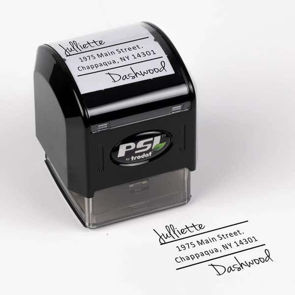 Davenport Offset Address Pre Inked Stamp body at an angle next to impression