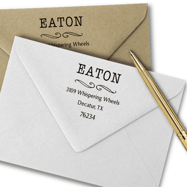 Eaton Deco Curly Q Address Stamp Imprint Examples on Envelopes