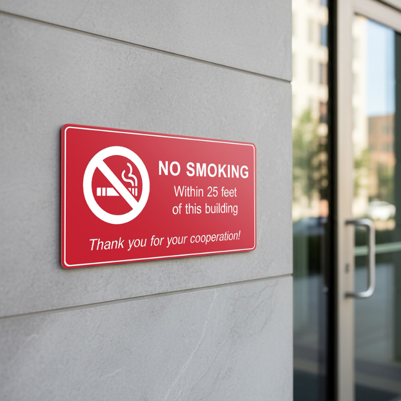No smoking plastic sign outside of a building No smoking plastic sign outside of a building