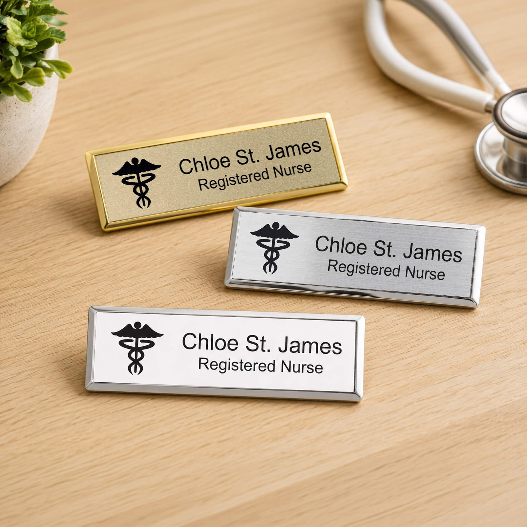 Doctor Name Badges in white, gold and silver