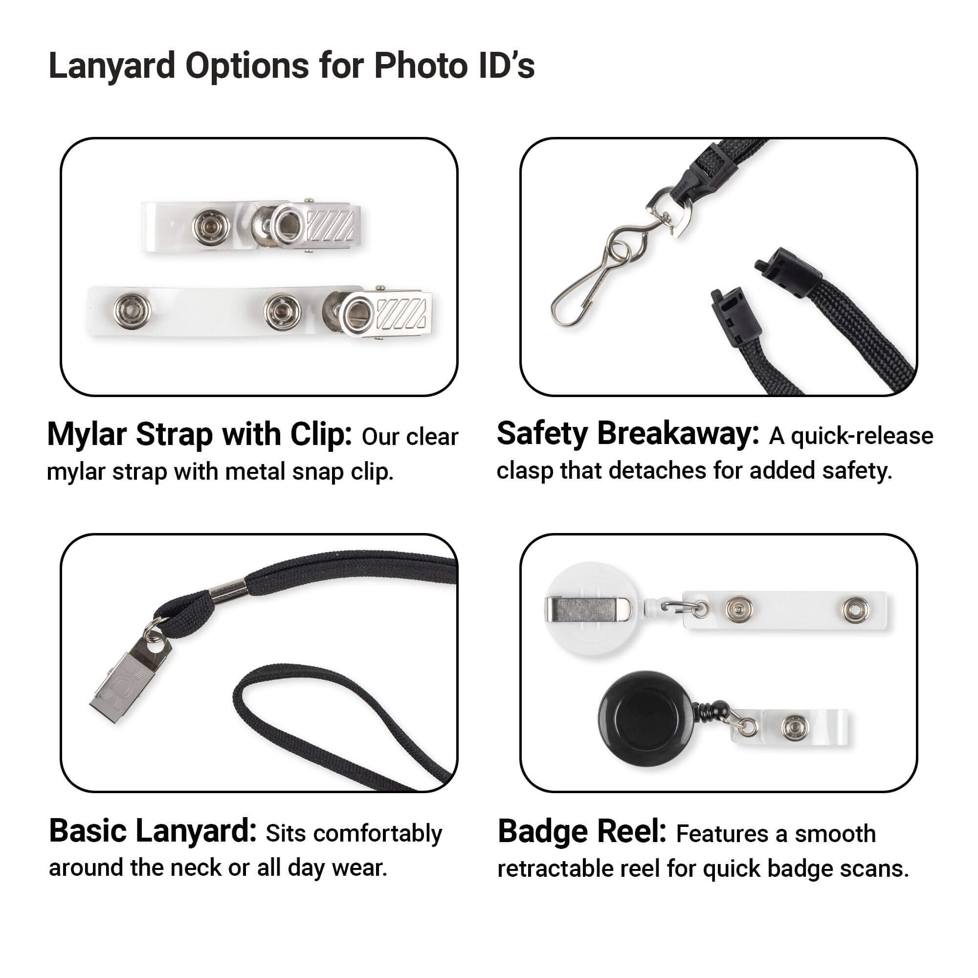 Lanyard Options for Photo ID and Custom Photo ID” displaying four badge attachment styles: clear mylar snap strap, breakaway lanyard end with hook, simple black neck lanyard, and round retractable badge reel with strap.