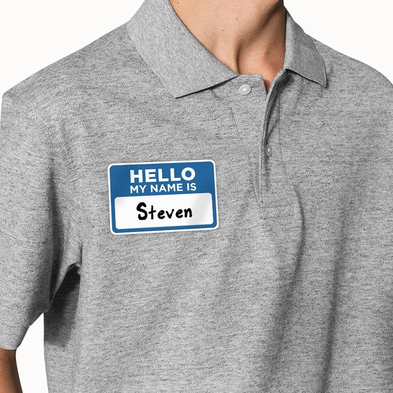 Hello My Name is Sticker on Grey shirt