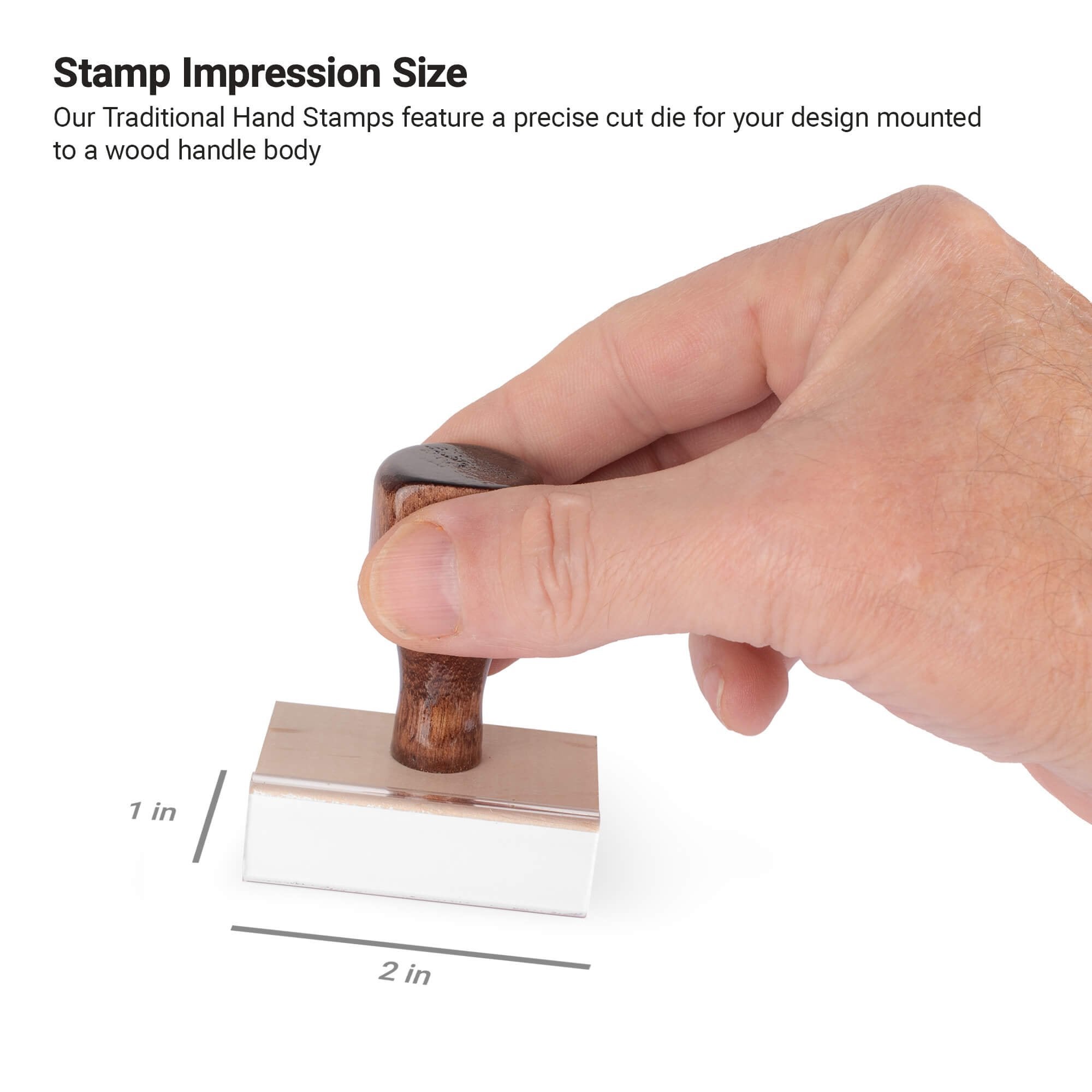 Custom wooden rubber stamp 1" x 2" impression size demonstration with wood handle hand stamp