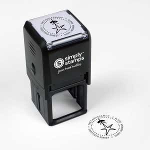 Top angle view of self-inking holiday stamp with circular ‘Holiday Star’ address design.