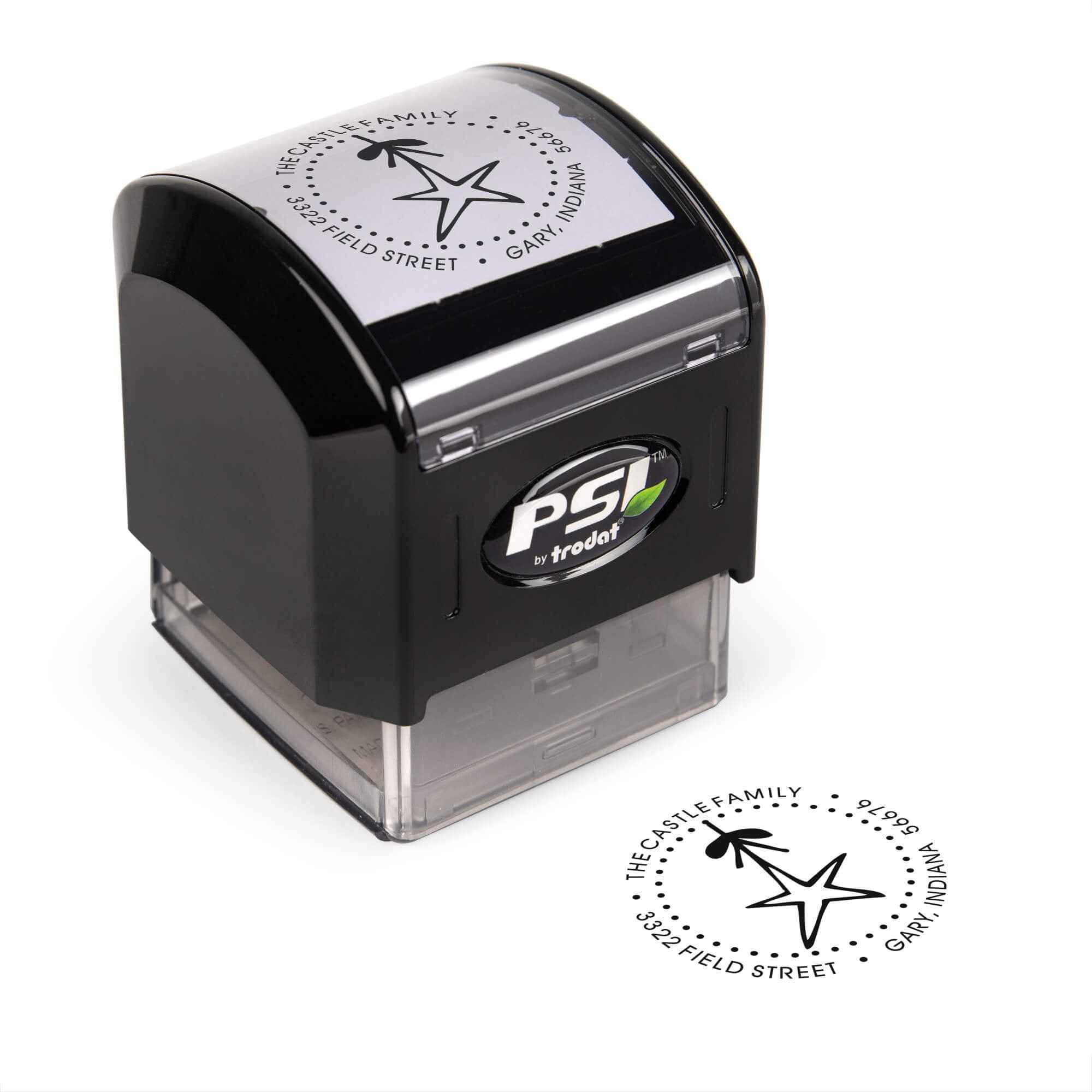 Pre-inked stamp shown from above featuring custom ‘Holiday Star’ holiday return address design.