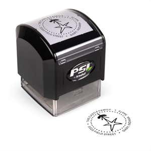Pre-inked stamp shown from above featuring custom ‘Holiday Star’ holiday return address design.