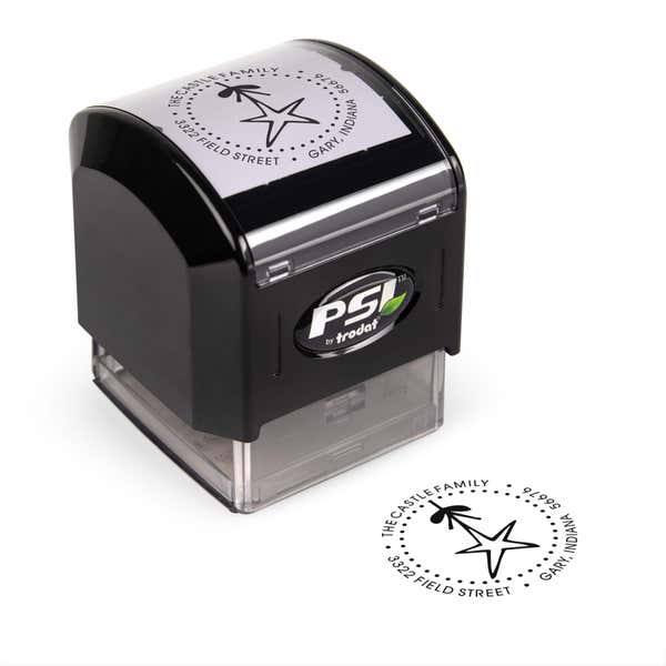 Pre-inked stamp shown from above featuring custom ‘Holiday Star’ holiday return address design.