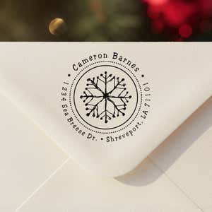 Personalized ‘Hand Drawn Snowflake’ address stamp impression on envelope flap for holiday cards.
