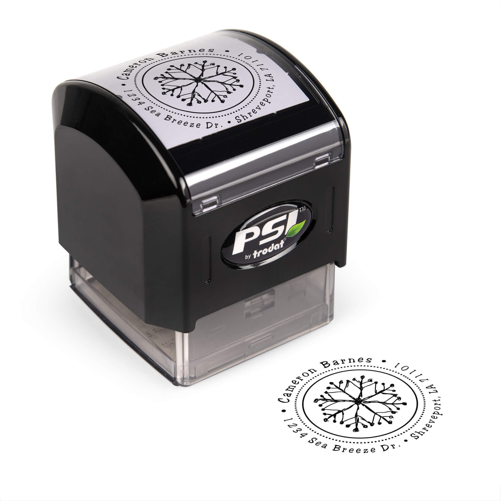 Pre-inked stamp shown from above featuring custom ‘Hand Drawn Snowflake’  holiday return address design.