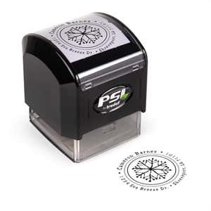 Pre-inked stamp shown from above featuring custom ‘Hand Drawn Snowflake’  holiday return address design.