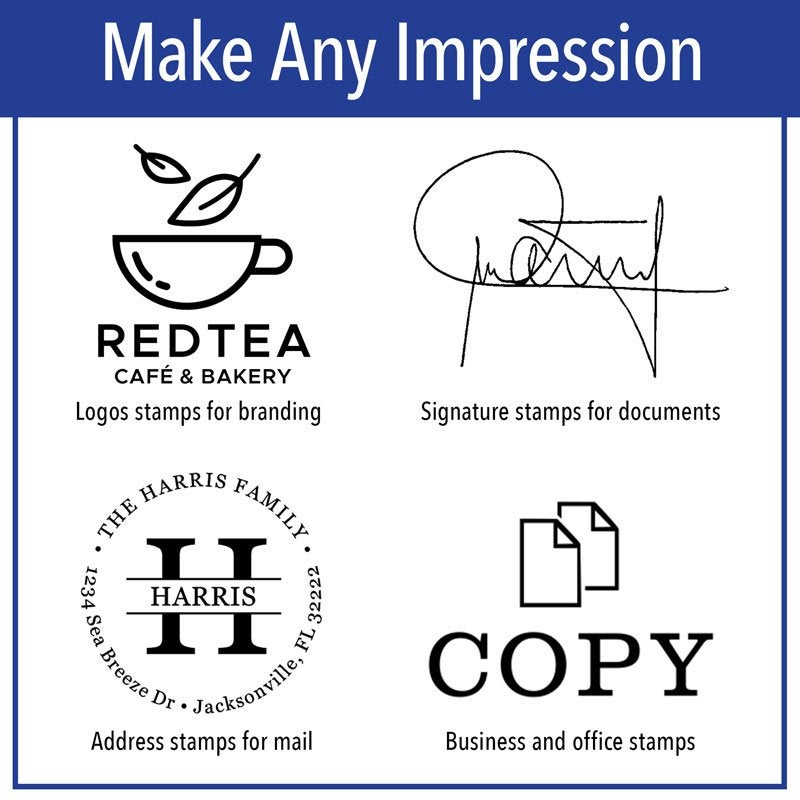 Make any impression  graphic showing a logo, signature, address, and business stamp