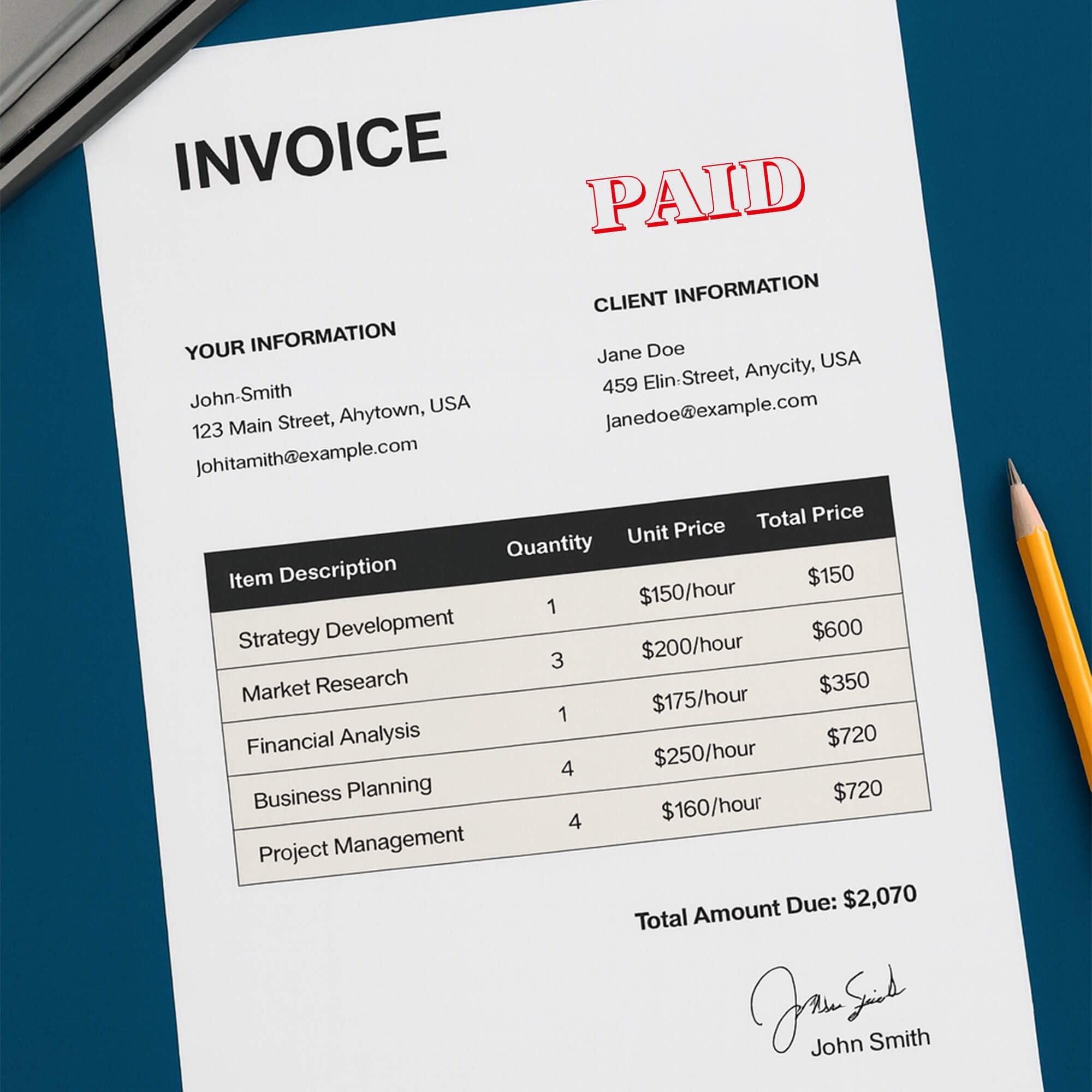 Invoice marked PAID in red outline to confirm payment received