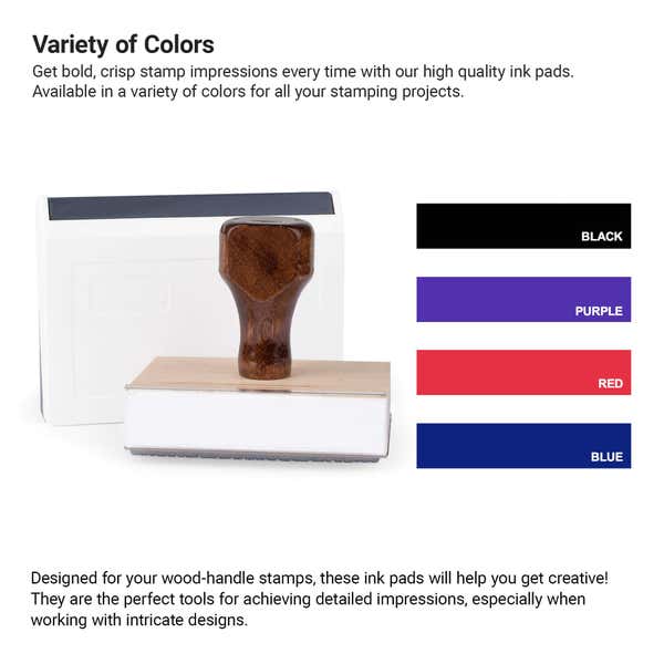 Ink pad colors for wood handle stamps including black, purple, red, and blue