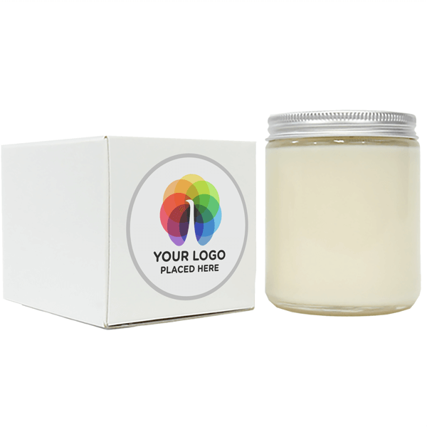 Custom Holiday Candle with Red Striped Background Packaging