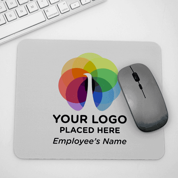 Upload Your Logo with Employee's Name Rectangle Mousepad Corporate Gift on desk