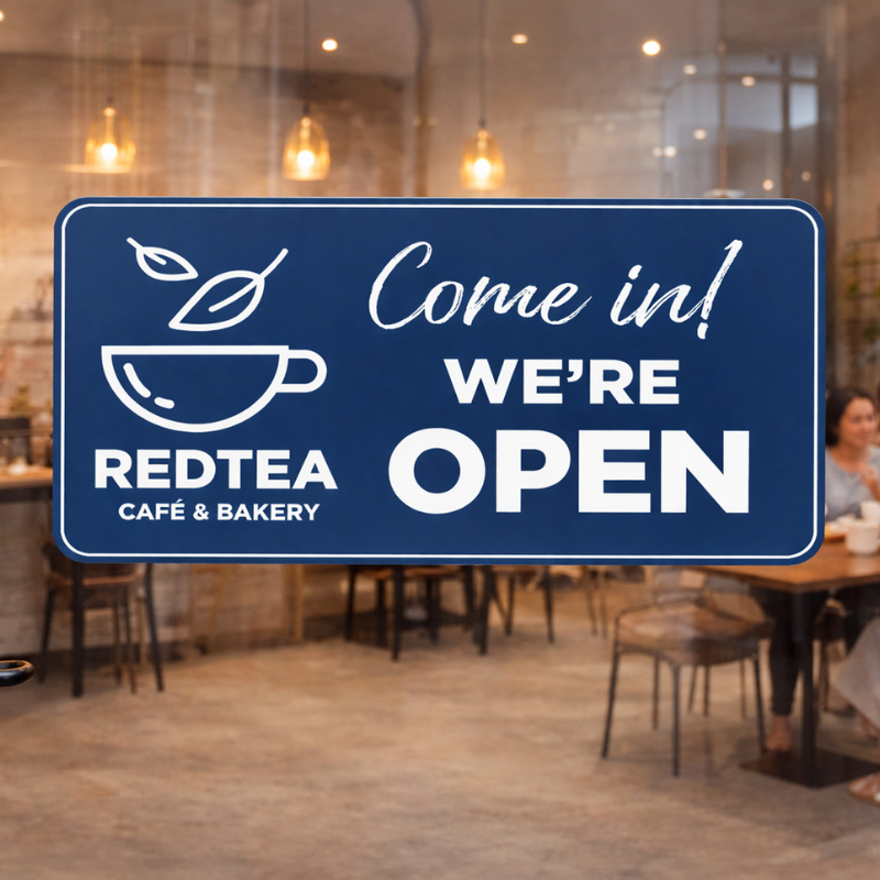 Come in we're open sign on a storefront window Come in we're open sign on a storefront window