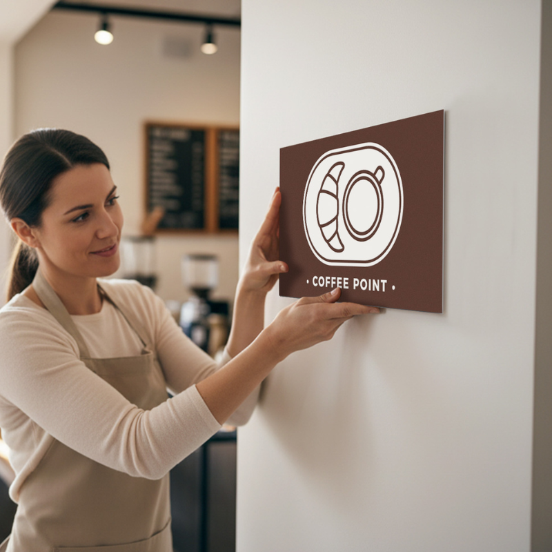 A woman hanging a plastic sign for a coffee shop A woman hanging a plastic sign for a coffee shop