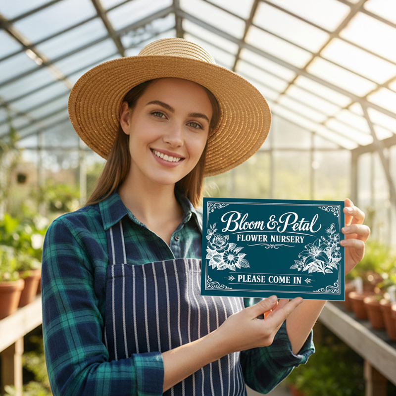 A woman holding a plastic sign for a flower nursery A woman holding a plastic sign for a flower nursery