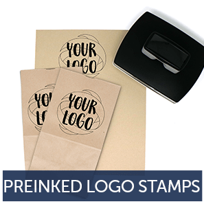 Pre-Inked Logo Stamp with Example Imprints on Bags