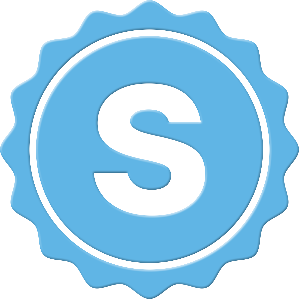 Blue scalloped badge with a white 