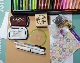 Donut craft card with rubber stamp and colored ink pads