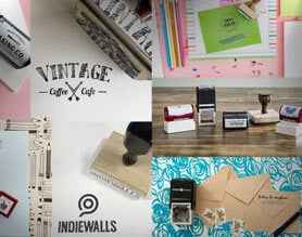 Collage of custom stamp images with stamp impressions